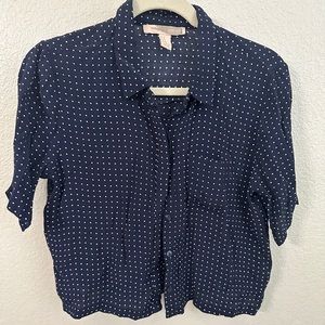 Forever 21 Cropped Button Down Shirt Polka Dot Navy